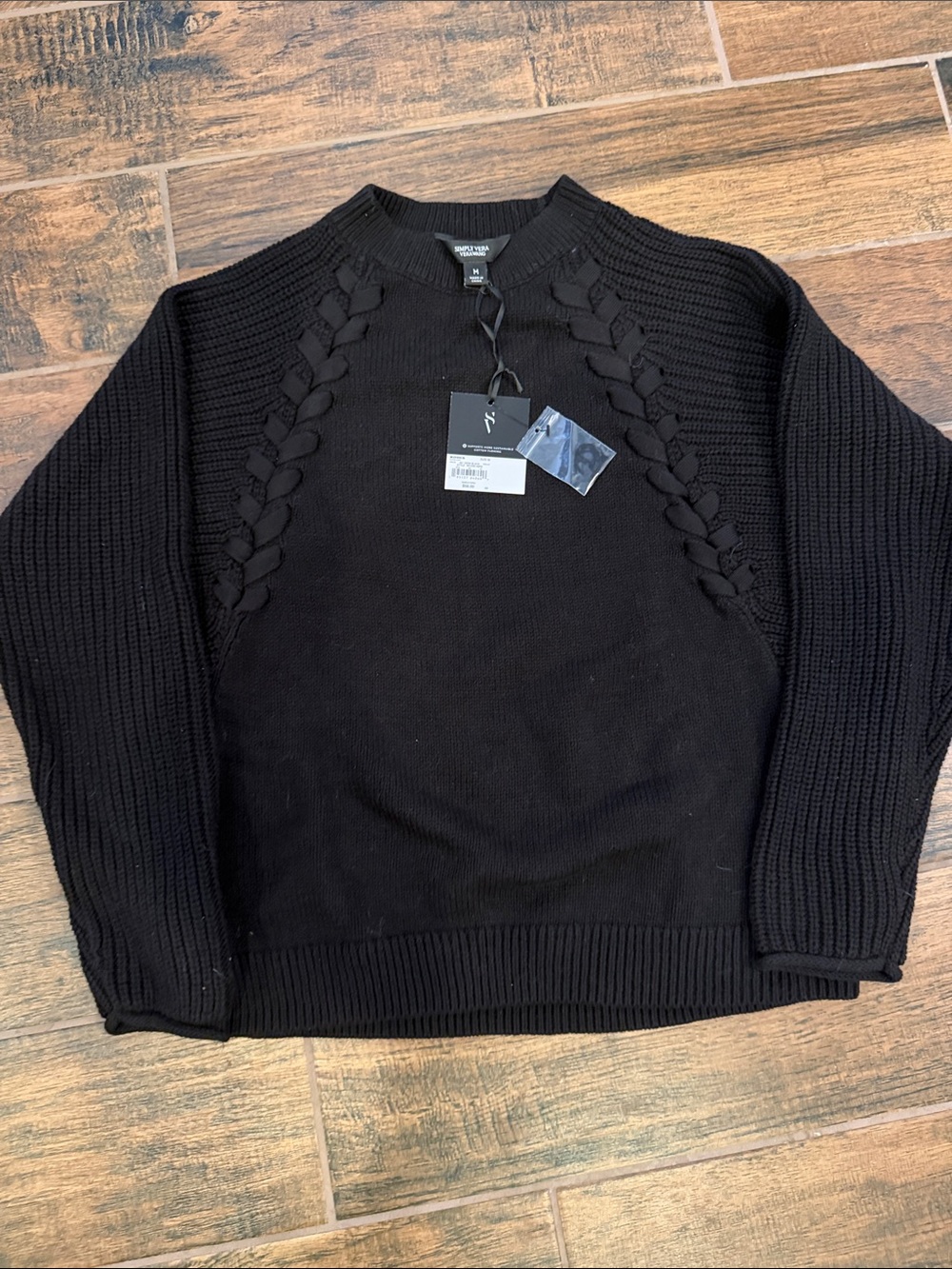 Simply Vera Vera Wang Black Braided-Detail Crewneck Sweater NWT